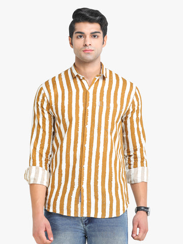 Men's Striped Yellow Full Sleeve Casual Shirt Seventy7
