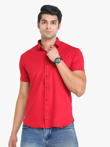 Men's Solid Red Short Sleeve Casual Shirt Seventy7