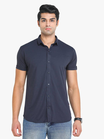 Men's Solid Navy Short Sleeve Casual Shirt