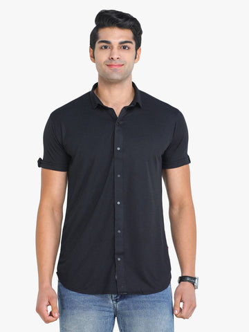 Men's Solid Black Short Sleeve Casual Shirt