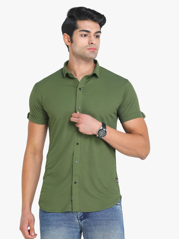 Men's Solid Olive Short Sleeve Casual Shirt