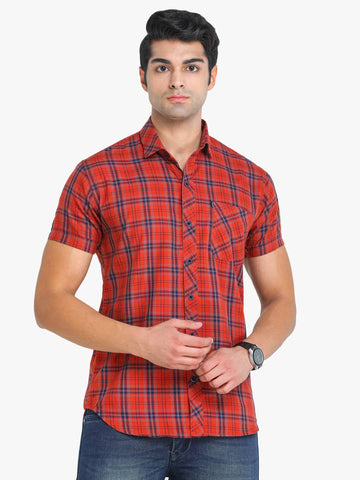 Men's Checkered Ornage Short Sleeve Casual Shirt Seventy7