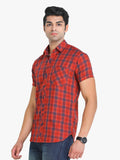 Men's Checkered Ornage Short Sleeve Casual Shirt