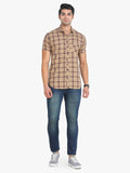 Men's Checkered Beige Short Sleeve Casual Shirt