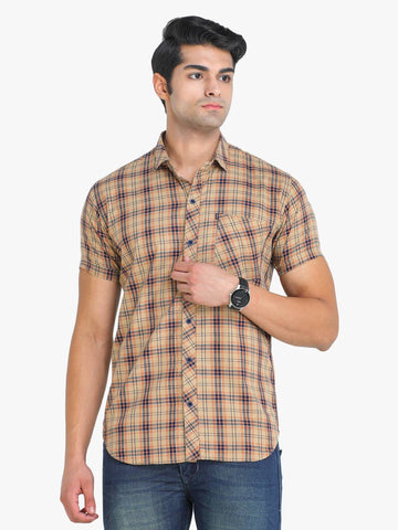 Men's Checkered Beige Short Sleeve Casual Shirt Seventy7