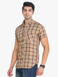 Men's Checkered Beige Short Sleeve Casual Shirt