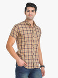 Men's Checkered Beige Short Sleeve Casual Shirt