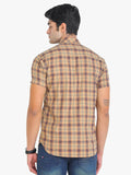 Men's Checkered Beige Short Sleeve Casual Shirt