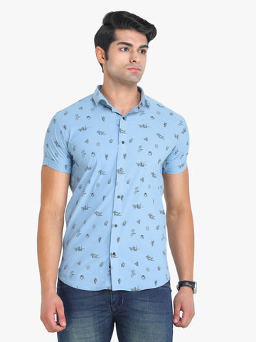 Men's Printed Sky Blue Short Sleeve Casual Shirt colvynharris