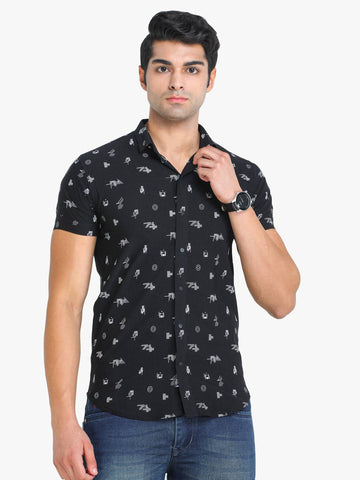 Men's Printed Black Short Sleeve Casual Shirt