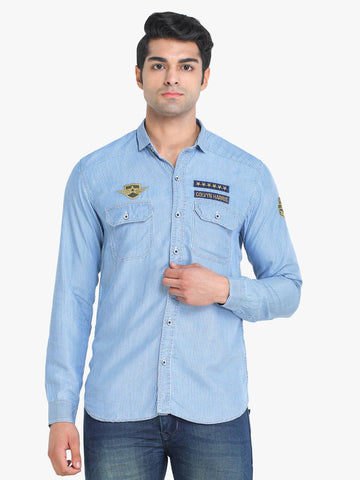 Men's Striped Ice Blue Full Sleeve Casual Shirt