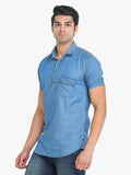 Men's Solid Blue Short Sleeve Denim T- Shirt