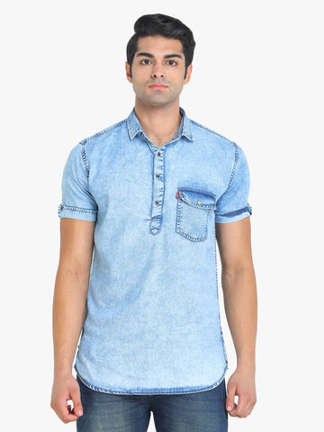 Men's Solid Light Blue Short Sleeve Denim T- Shirt