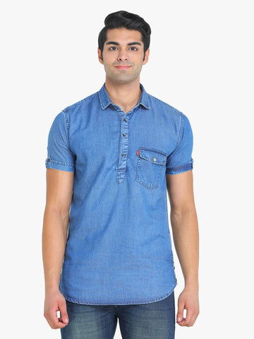 Men's Solid Dark Blue Short Sleeve Denim T- Shirt