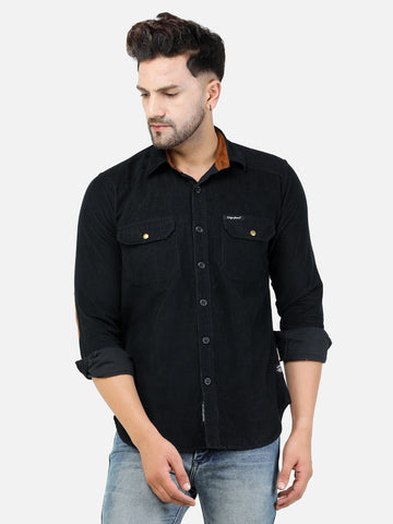 Colvyn Harris Men's Slim Fit Corduroy Black Casual Shirt