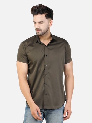 Colvyn Harris Men's Slim Fit Satin Lycra Coffee Casual Shirt