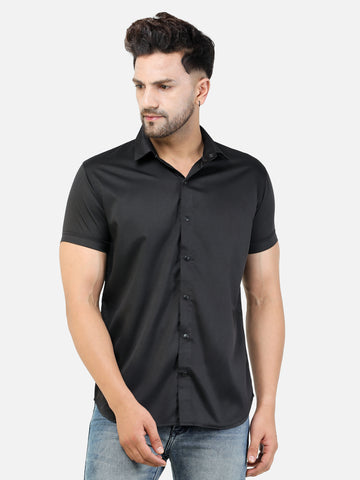 Colvyn Harris Men's Slim Fit Satin Lycra Black Casual Shirt