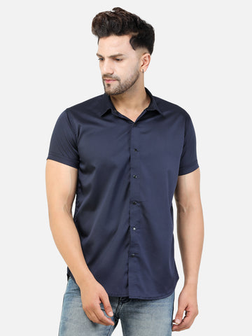 Colvyn Harris Men's Slim Fit Satin Lycra Navy Casual Shirt