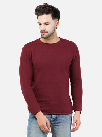 Colvyn Harris Men's Cotton Lycra Regular Fit Wine Sweatshirt with Rolling Neck