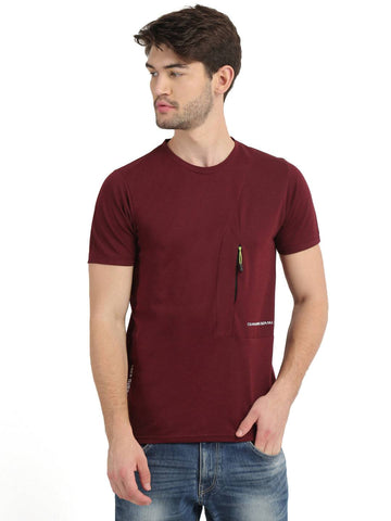 Men's Maroon Self Design Knitted T-Shirt