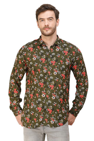 COLVYNHARRIS JEANS Men Casualwear Full Sleeve Slim Fit Shirt Collar Floral Print Olive Green Luxury Shirt