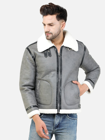 Colvyn Harris Men Regular Fit Full Fur Lining Faux Leather Grey Jacket