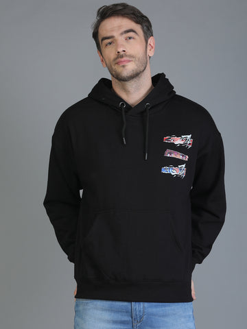 Colvyn Harris Printed Cotton Fleece Hoodie Black Sweatshirt for Men