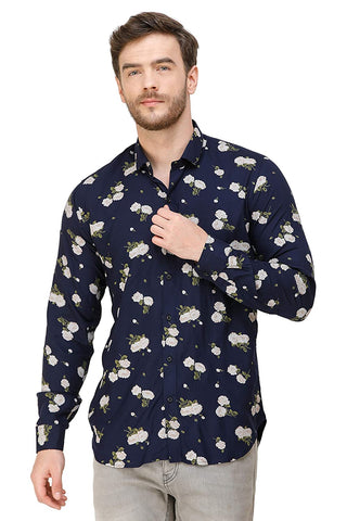 COLVYNHARRIS JEANS Men Casualwear Full Sleeve Slim Fit Shirt Collar Floral Print Navy Blue Luxury Shirt