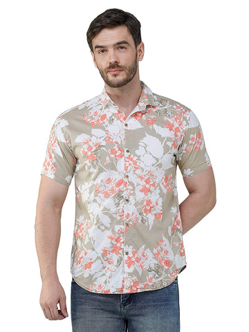 COLVYNHARRIS JEANS Men Casualwear Half Sleeve Slim Fit Beige Floral Print Shirt