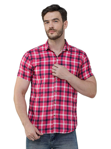 COLVYNHARRIS JEANS Men Casualwear Half Sleeve Slim Fit Magenta Check Shirt