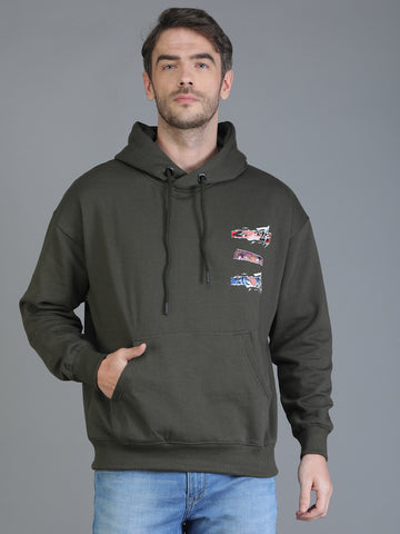 Colvyn Harris Printed Cotton Fleece Hoodie Olive Sweatshirt for Men