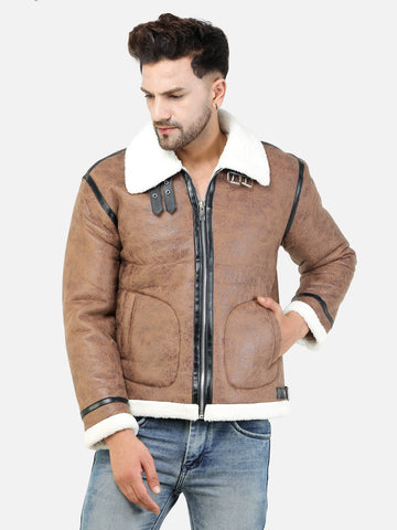 Colvyn Harris Men Regular Fit Full Fur Lining Faux Leather Brown Jacket