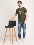 Men's Olive Digital Printed Round Neck T-Shirt