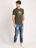 Men's Olive Digital Printed Round Neck T-Shirt