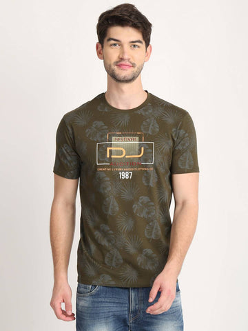 Men's Olive Digital Printed Round Neck T-Shirt