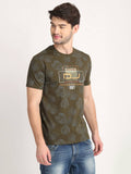 Men's Olive Digital Printed Round Neck T-Shirt