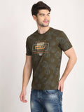 Men's Olive Digital Printed Round Neck T-Shirt