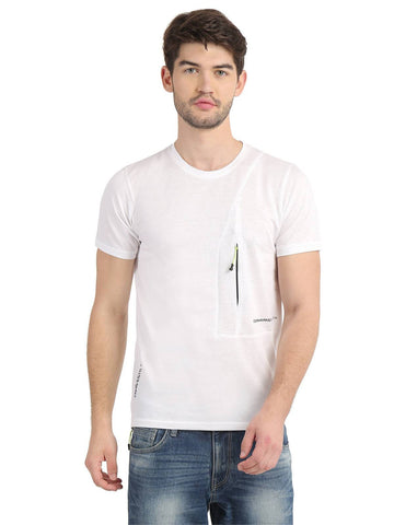 Men's White Self Design Knitted T-Shirt Seventy7