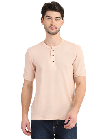 Men's Pink Solid Knitted Henley Neck T-Shirt