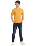 Men's Mustard Solid Knitted Henley Neck T-Shirt