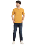 Men's Mustard Solid Knitted Henley Neck T-Shirt