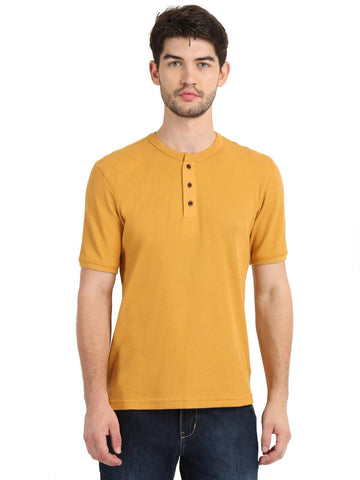 Men's Mustard Solid Knitted Henley Neck T-Shirt
