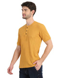 Men's Mustard Solid Knitted Henley Neck T-Shirt