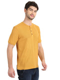 Men's Mustard Solid Knitted Henley Neck T-Shirt