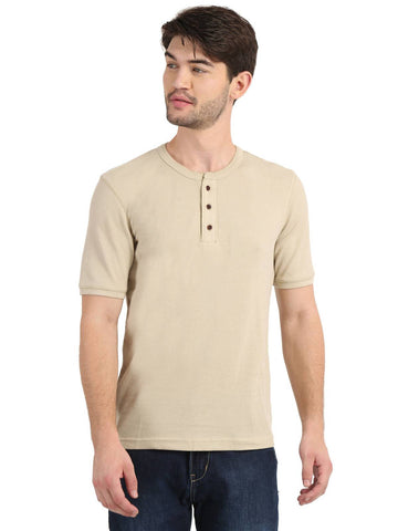 Men's Off-White Solid Knitted Henley Neck T-Shirt