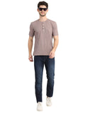 Men's Ash-Violet Solid Knitted Henley Neck T-Shirt