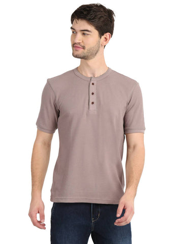 Men's Ash-Violet Solid Knitted Henley Neck T-Shirt