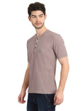 Men's Ash-Violet Solid Knitted Henley Neck T-Shirt