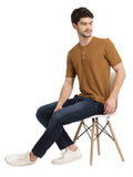 Men's Caramel Solid Knitted Henley Neck T-Shirt Seventy7