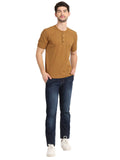 Men's Caramel Solid Knitted Henley Neck T-Shirt